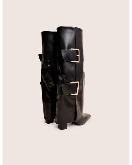 Public Desire River Black Double Buckle Detail Pu High Knee Boots