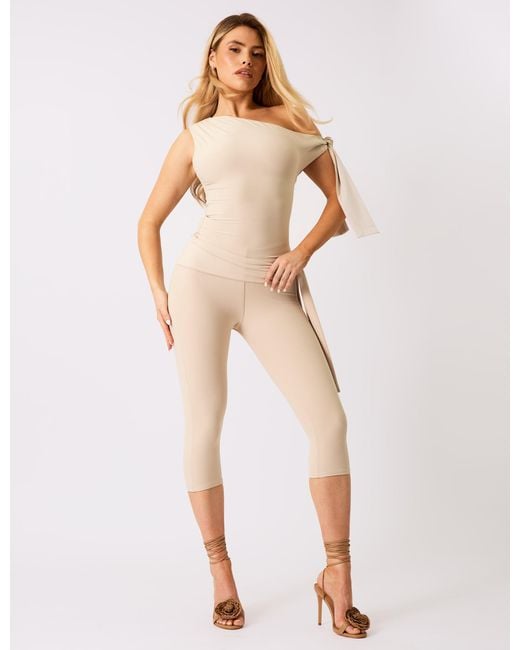 Public Desire Natural Knot Detail Asymmetric One Shoulder Luxe Slinky Top Stone