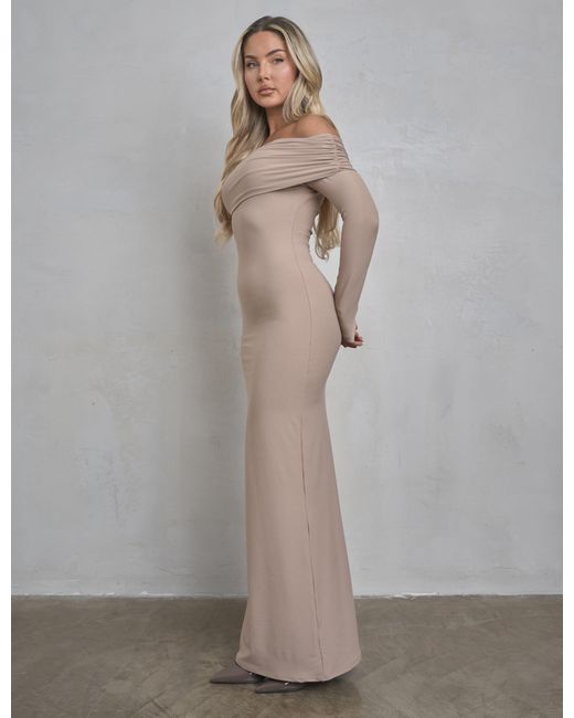 Public Desire Gray Bardot Luxe Slinky Maxi Dress Latte