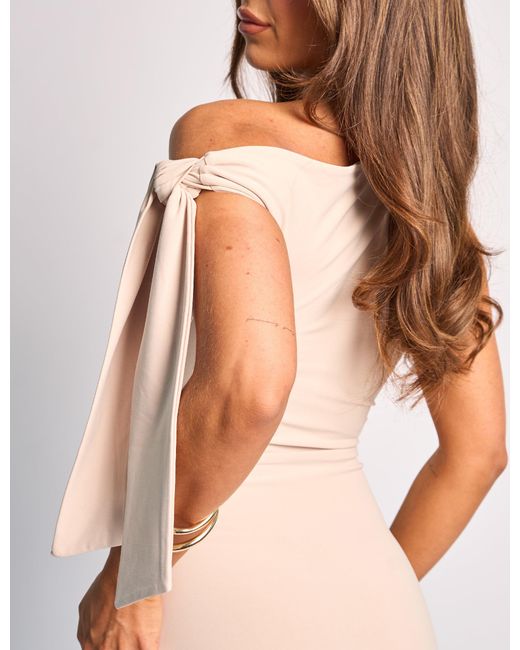 Public Desire Natural Knot Detail Asymmetric One Shoulder Luxe Slinky Maxi Dress Stone