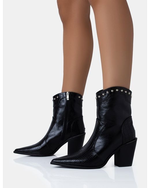 Public Desire Riley Black Croc Metal Studded Detail Western Cowboy Block Ankle Boots