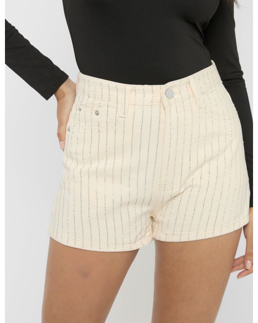 Public Desire Black High Waist Diamante Embellished Shorts Cream