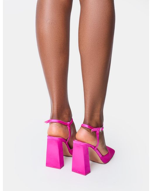 Public Desire Leighton Pink Satin Slant Toe Block Heels