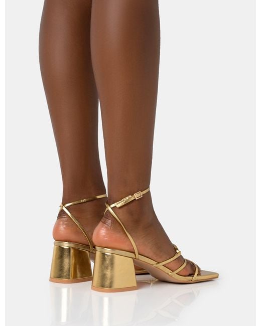Public Desire Brown Dayla Gold Strappy Square Toe Block Mid Heel Sandals