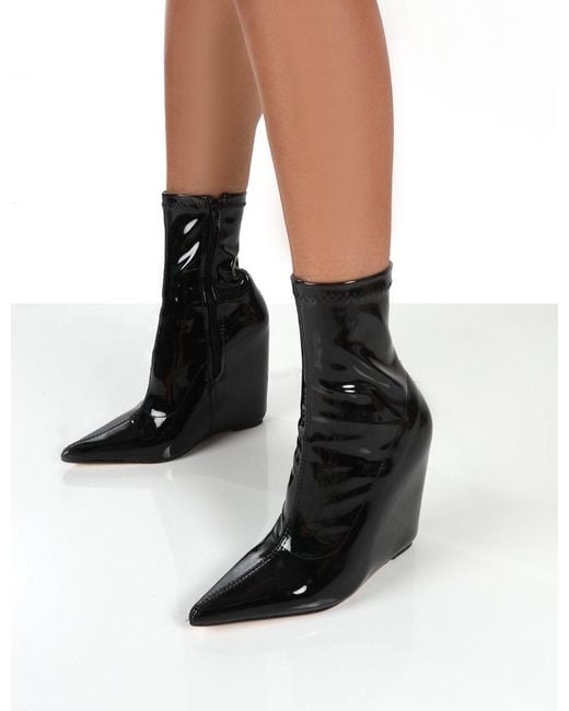 Black Patent Wedge Ankle Boots 