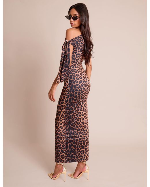 Public Desire Natural Knot Detail Asymmetric One Shoulder Luxe Slinky Maxi Dress Leopard