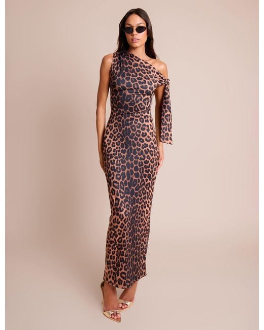 Public Desire Natural Knot Detail Asymmetric One Shoulder Luxe Slinky Maxi Dress Leopard