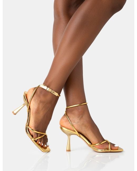 Public Desire Brown Bree Gold Pu Barely There Square Toe Mid Stiletto Heels