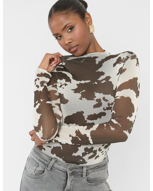 Public Desire Gray Long Sleeve High Neck Bodysuit Cow Print