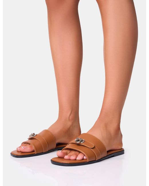 Public Desire Radiance Wide Fit Brown Buckle Trim Flat Sandals
