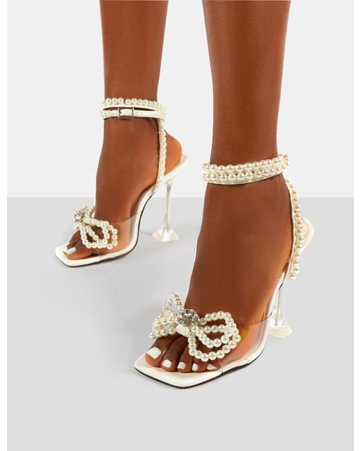 Public Desire Brown Glimmer White Wrap Around Pearl Detail Bow Square Toe Cake Stand Heels