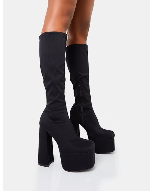 Public Desire Blue Polished Black Nylon Platform Rounded Block Heeled Knee High Boots