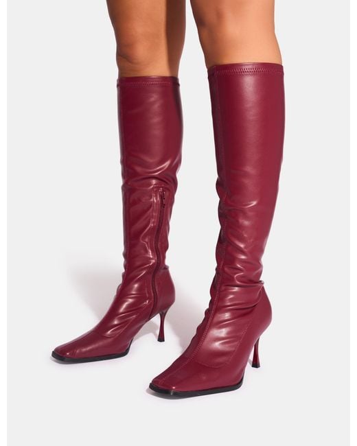Public Desire Red Scorpion Burgundy Mid Heel Sock Knee High Boots