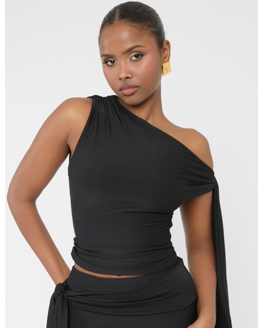 Public Desire Blue Knot Detail Asymmetric One Shoulder Luxe Slinky Top Black