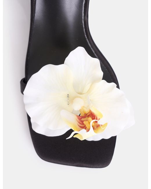 Public Desire Nara Black Satin White Orchid Flower Square Toe Stiletto Mid Heels