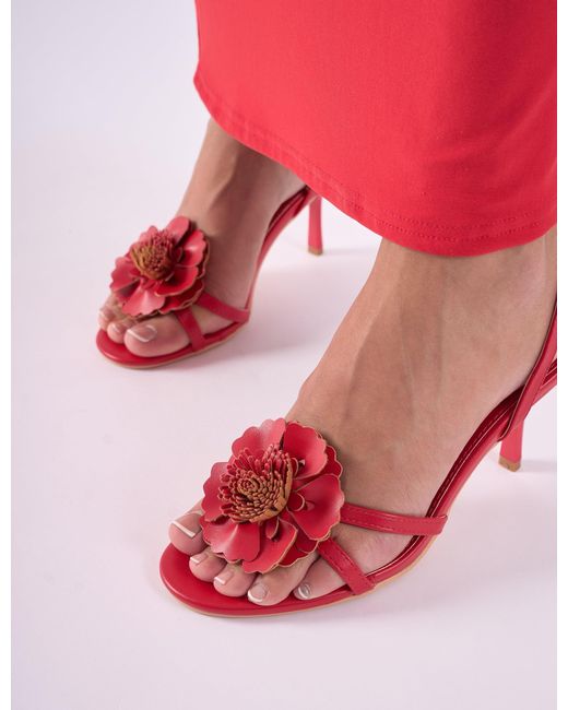 Public Desire Red Hot Red Pu 3d Flower Sling Back Mid Heels
