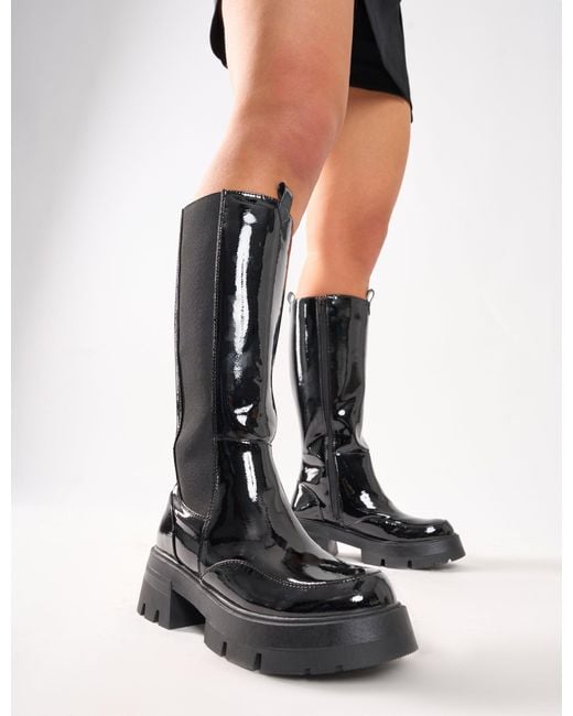 Public Desire Bryant Black Patent Chunky Sole Elasticated Knee High Boots