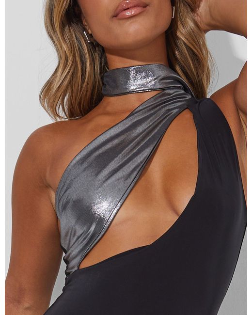 Public Desire Blue Scarf Detail Cut Out Side Split Maxi Dress Black Metallic