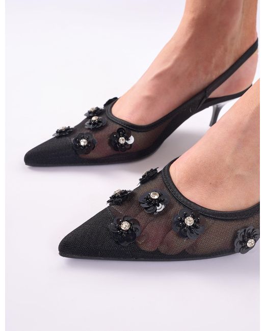 Public Desire Multicolor Kyle Black Floral Embellishment Mesh Black Slingback Kitten Heel Court Shoes