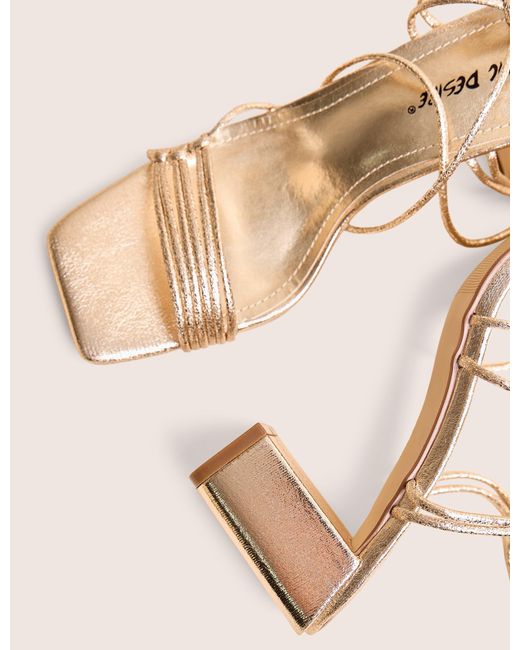 Public Desire White Taryn Gold Knotted Upper Block Heel Sandals
