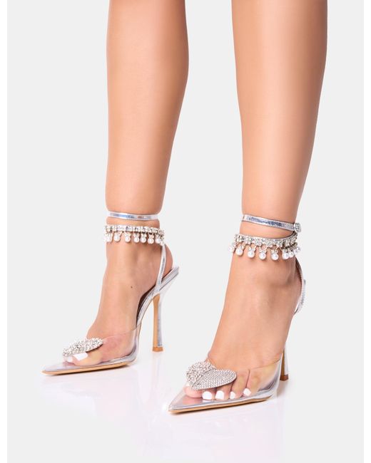 Public Desire Brown Blessing Wide Fit Silver Clear Perspex Diamante Heart Ankle Pearl Detailing Court Stiletto Heels