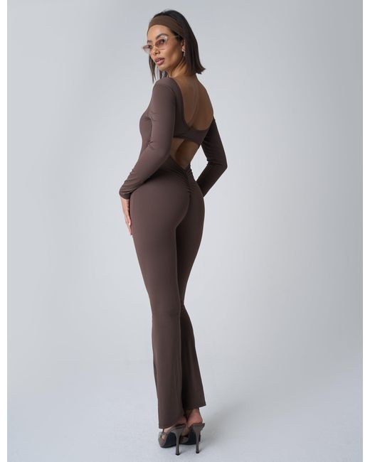 Public Desire Brown Cut Out Back Detail Long Sleeve Jumpsuit Beige