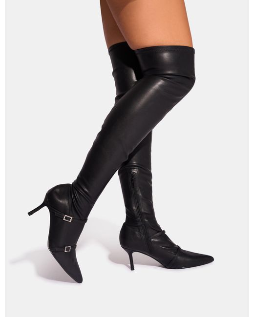 Public Desire Roulette Black Pointed Toe Diamante Buckle Mid Heel Over The Knee Sock Boots