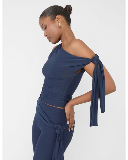 Public Desire Blue Knot Detail Asymmetric One Shoulder Luxe Slinky Top Navy