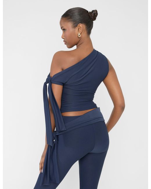 Public Desire Blue Knot Detail Asymmetric One Shoulder Luxe Slinky Top Navy