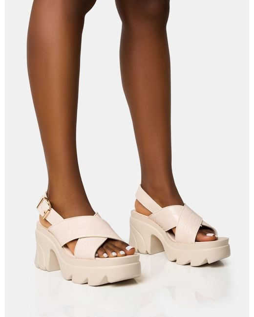 Public Desire Brown Flare White Cross Strap Chunky Mid Heel Sandals