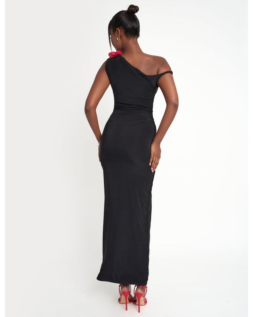 Public Desire Blue Flower Trim Dropped Shoulder Luxe Slinky Maxi Dress Black