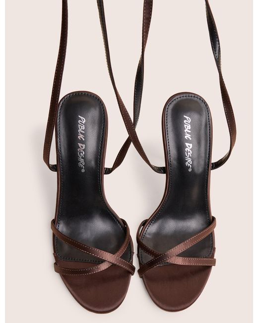 Public Desire Natural Georgie Brown Satin Strappy Diamante Buckle High Heels