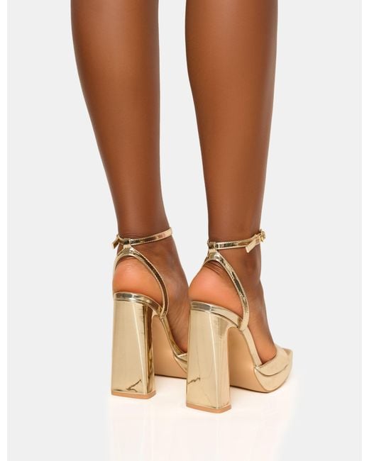 Public Desire Natural Resist Gold Peep Toe Barely There Platform Heels
