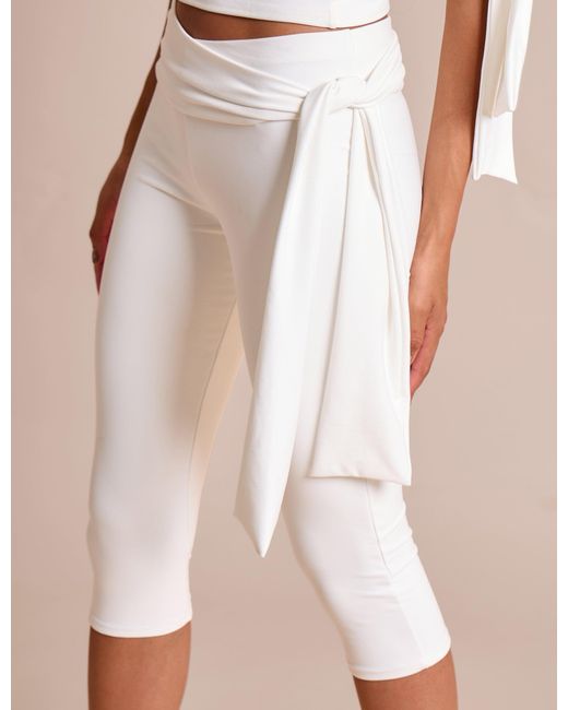 Public Desire Natural Knot Detail Tie Side Luxe Slinky Capri Pants White
