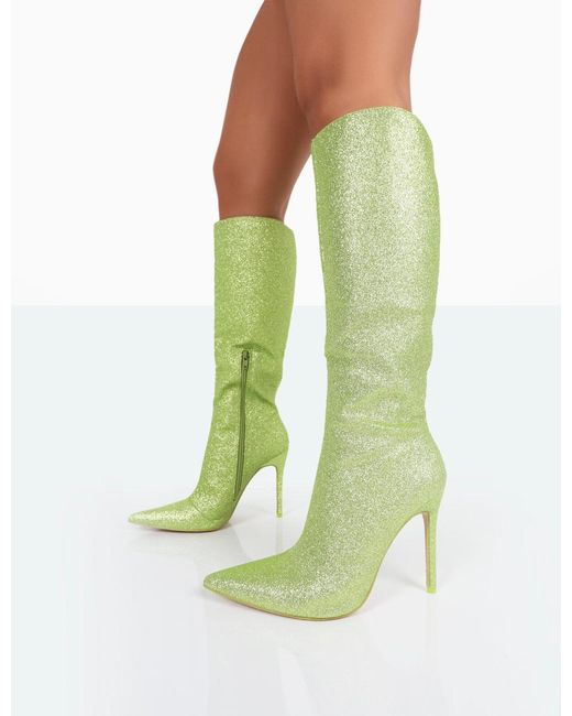 Public Desire Green Diva Lime Glitter Pointed Toe Stiletto Knee High Boots