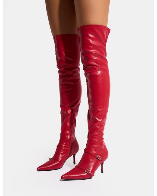 Public Desire Roulette Red Pointed Toe Diamante Buckle Mid Heel Over The Knee Sock Boots