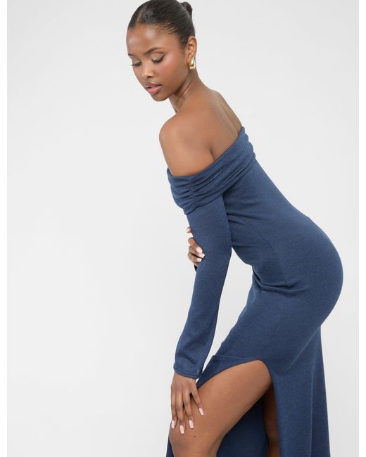 Public Desire Blue Long Sleeve Off The Shoulder Bardot Maxi Dress Navy