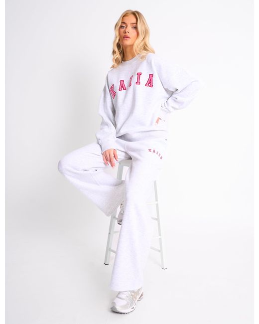 Public Desire White Kaiia Slogan Oversized Sweatshirt Light Grey Marl & Pink Contrast