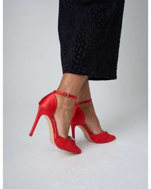 Public Desire Meant To Be Red Satin Diamante Heart Court Stiletto Heel