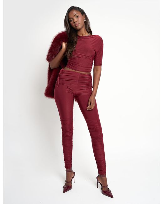 Public Desire Red Slinky Ruched Short Sleeve Top Co Ord Burgundy