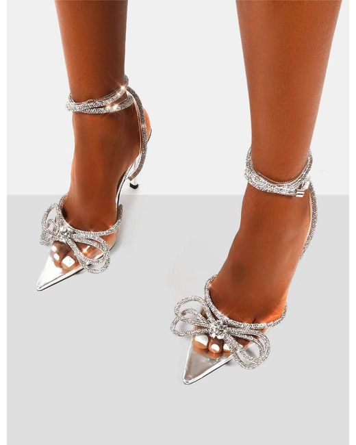 Public Desire Brown Midnight Clear Perspex Wide Fit Wrap Around Sparkly Diamante Bow Pointed Toe High Heel