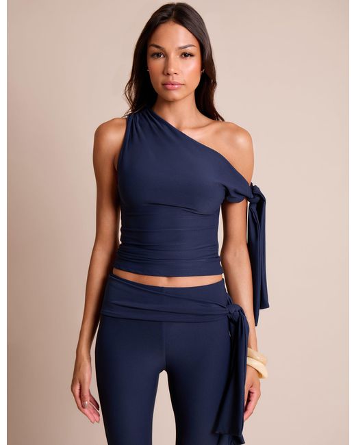 Public Desire Blue Knot Detail Asymmetric One Shoulder Luxe Slinky Top Navy