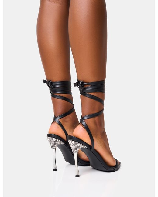 Public Desire Ultimate Black Lace Up Diamante Encrusted Pointed Toe Stiletto Heels