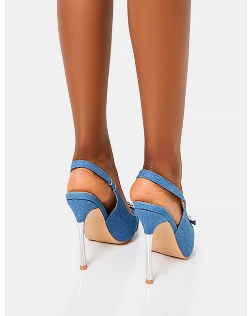 Public Desire Confession Blue Denim Diamante Broach Detail Slingback Court  Shoes | Lyst UK