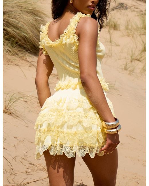 Public Desire Natural Tiered Lace Frilly Mini Skirt Yellow