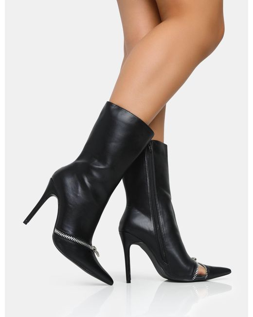 Public Desire Pitstop Black Pu Zip Detail Pointed Toe Stiletto Heel Ankle Boots