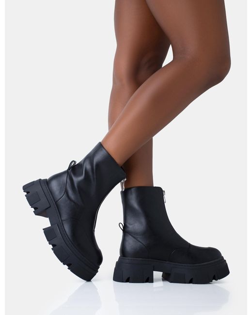 Public Desire Blue Bergen Black Pu Zip Up Detailed Rounded Toe Chunky Soled Ankle Boots