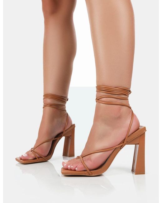 Public Desire Brown Viva Wide Fit Caramel Pu Square Toe Strappy Lace Up Stiletto Thin Block Heels