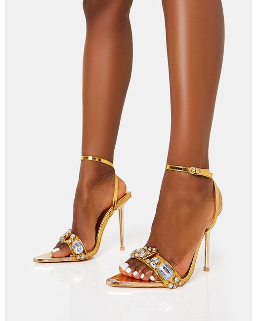 Public Desire Brown Icicle Gold Metallic Patent Extreme Jeweled Ankle Strap Pointed Toe Stiletto Heels