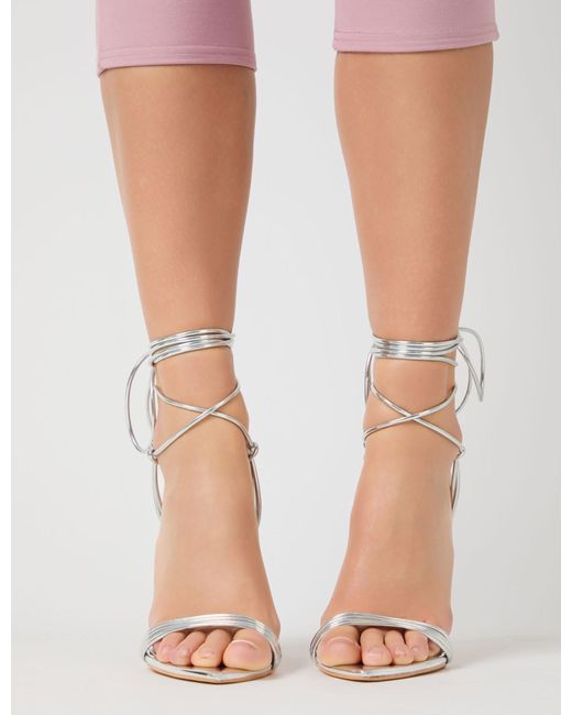 Public Desire Pink Merlot Mirror Silver Pu Lace Up Wrap Around Pointed Toe Stiletto Heels